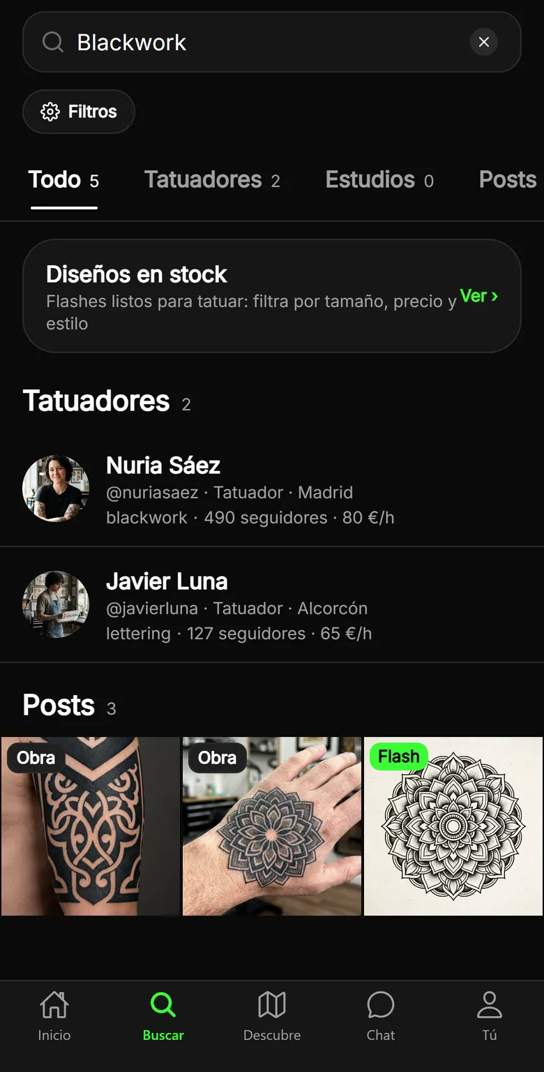 Buscador de TatuARTE con resultados de tatuadores de blackwork: estilo, ciudad, seguidores y precio por hora