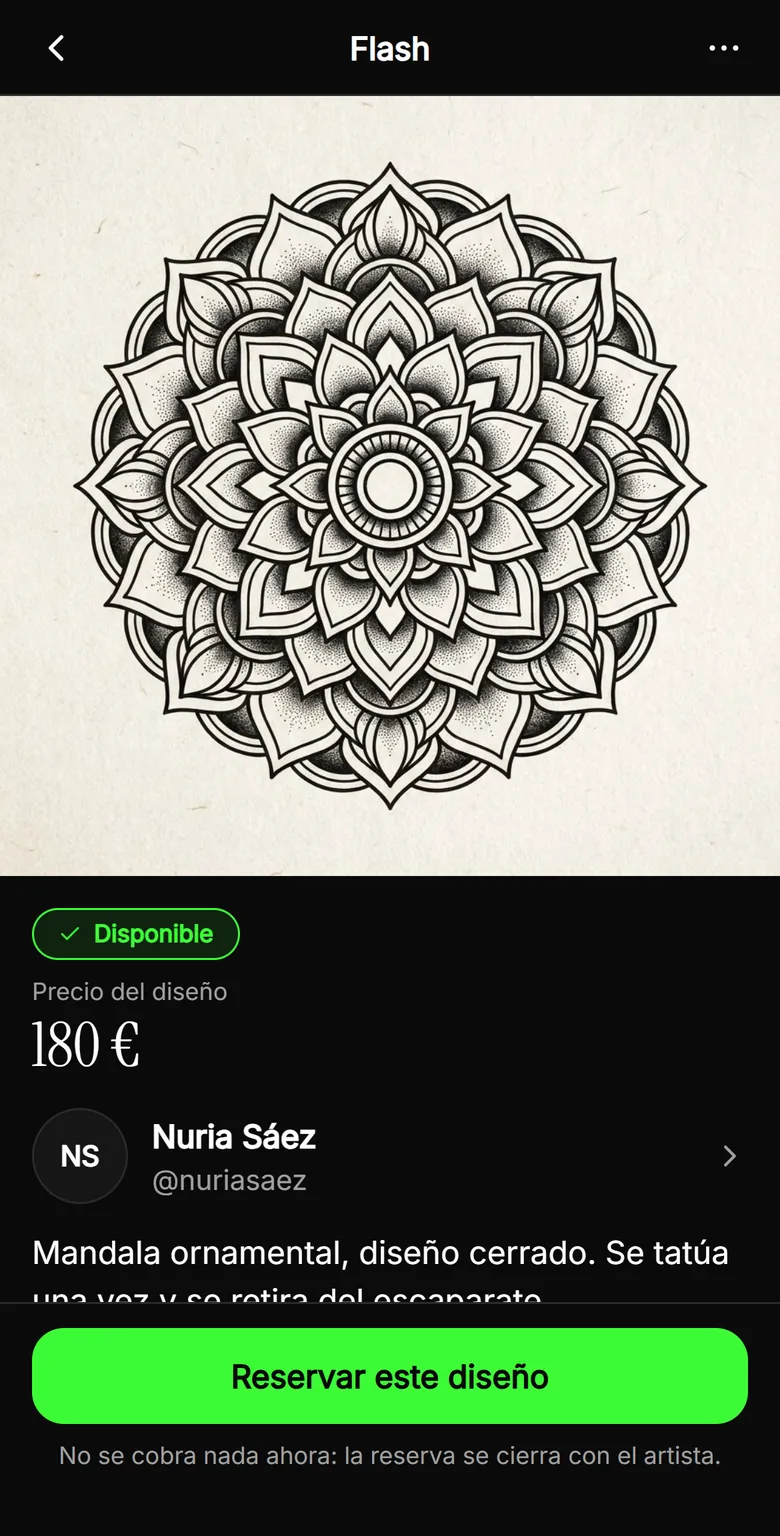 Diseño flash en TatuARTE: un mandala a precio cerrado, disponible, con el botón Reservar este diseño