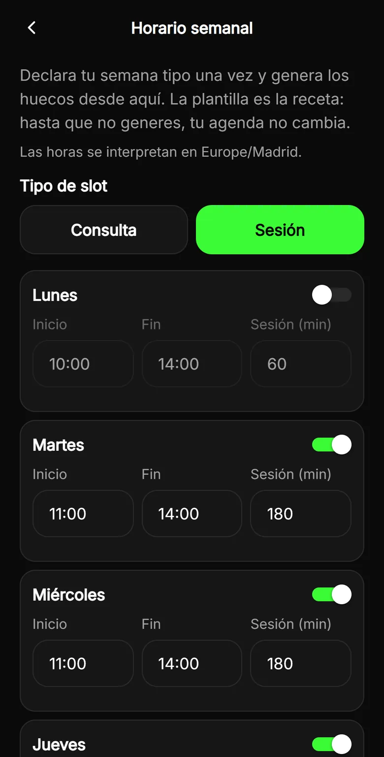 Horario semanal del tatuador en TatuARTE: días, horas de inicio y fin y duración de cada sesión para crear los huecos