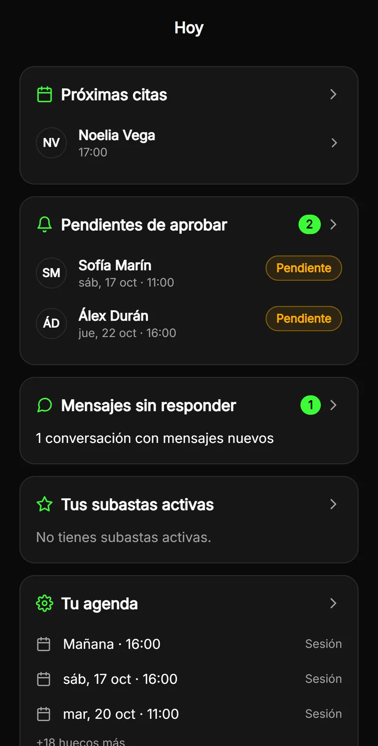 Pantalla Hoy del tatuador en TatuARTE: próximas citas, solicitudes pendientes de aprobar, mensajes sin responder y su agenda