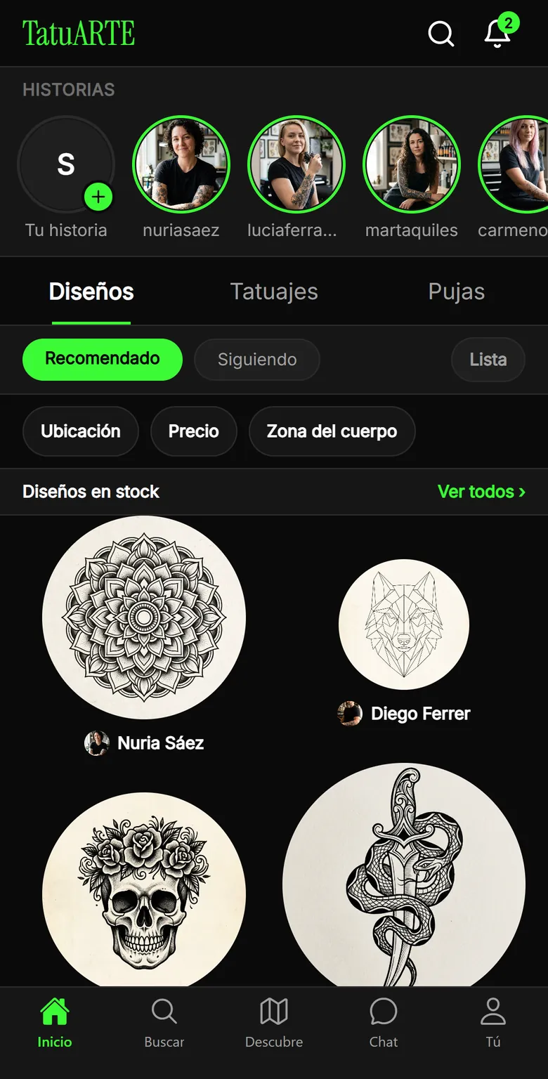 Inicio de TatuARTE: historias de tatuadores y escaparate de diseños flash listos para tatuar
