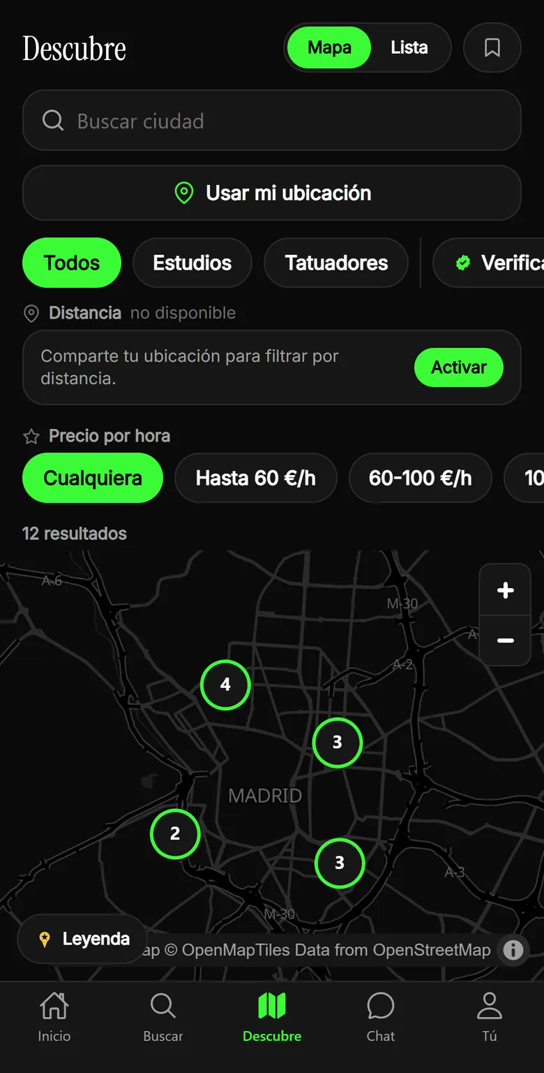 Mapa de TatuARTE con los tatuadores de Madrid agrupados por zonas y filtros de tipo y precio por hora