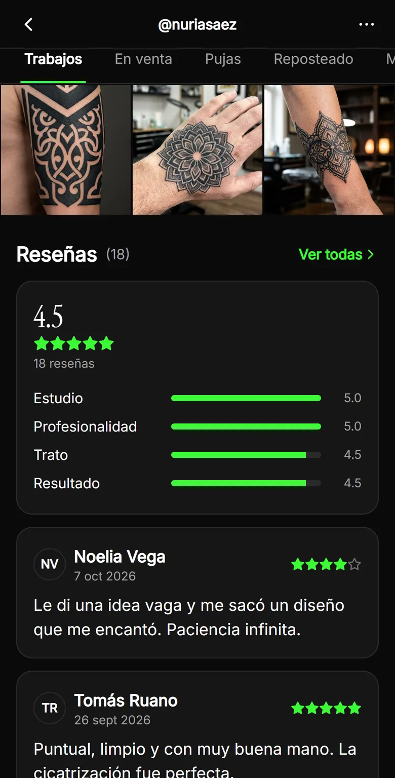 Trabajos y reseñas de una tatuadora en su perfil de TatuARTE: nota media y por apartados (estudio, profesionalidad, trato y resultado) y opiniones de clientes